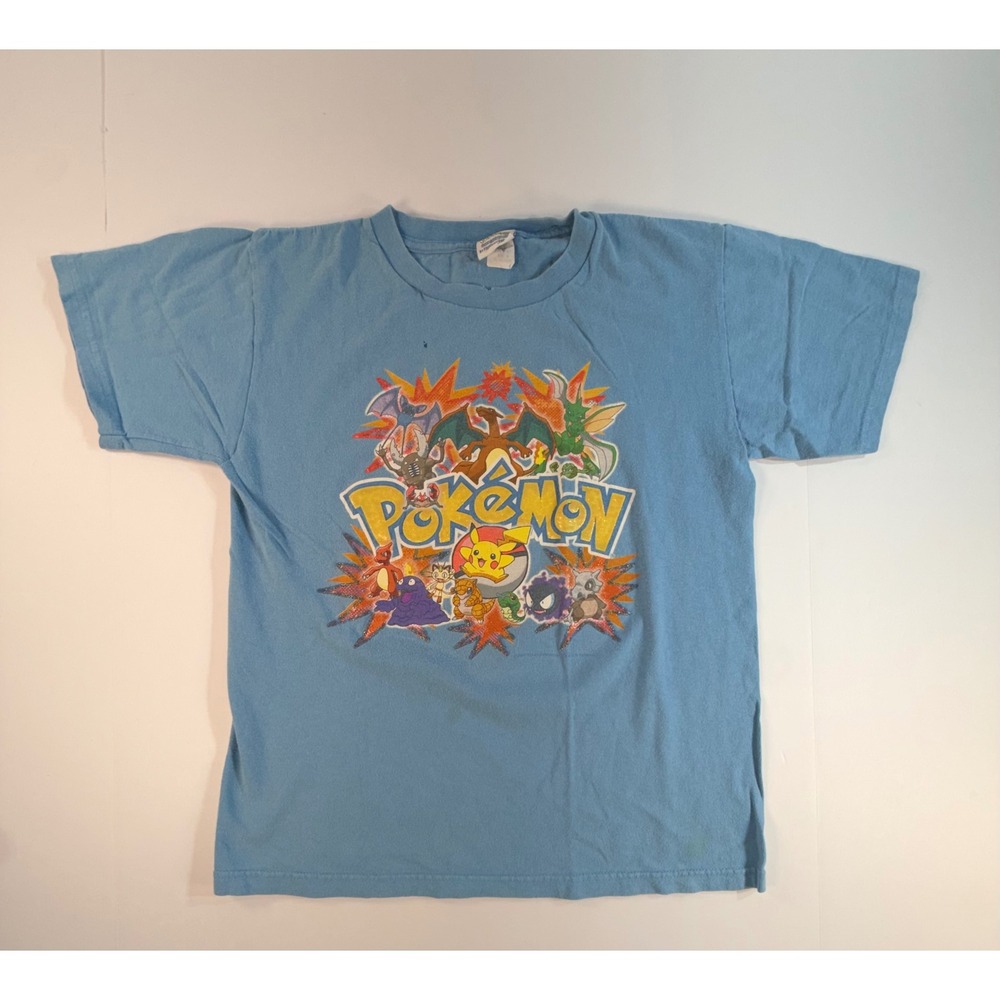 Vintage 1999 Pokemon T-Shirt Monterey Canyon Blue Glitter Pikachu Charizard L